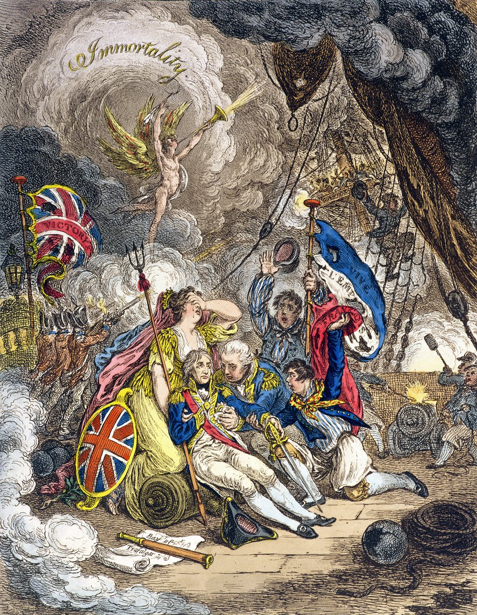 De Dood van Admiraal Lord Nelson op het Moment van Overwinning! uitgegeven door Hannah Humphrey in 1805 (handgekleurde ets) door James Gillray