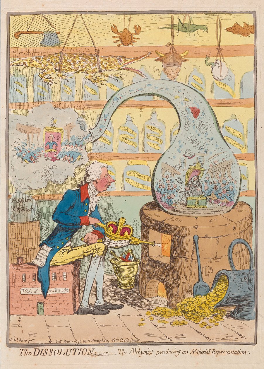 De ontbinding of de alchemist die een etherische voorstelling produceert, uitgegeven 1796 door James Gillray
