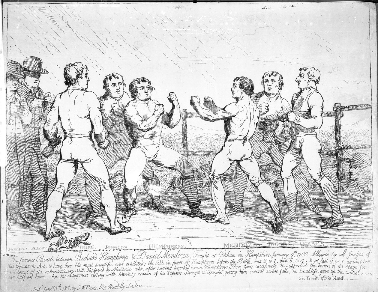 De beroemde strijd tussen Richard Humphreys en Daniel Mendoza, 9 januari 1788 door James Gillray