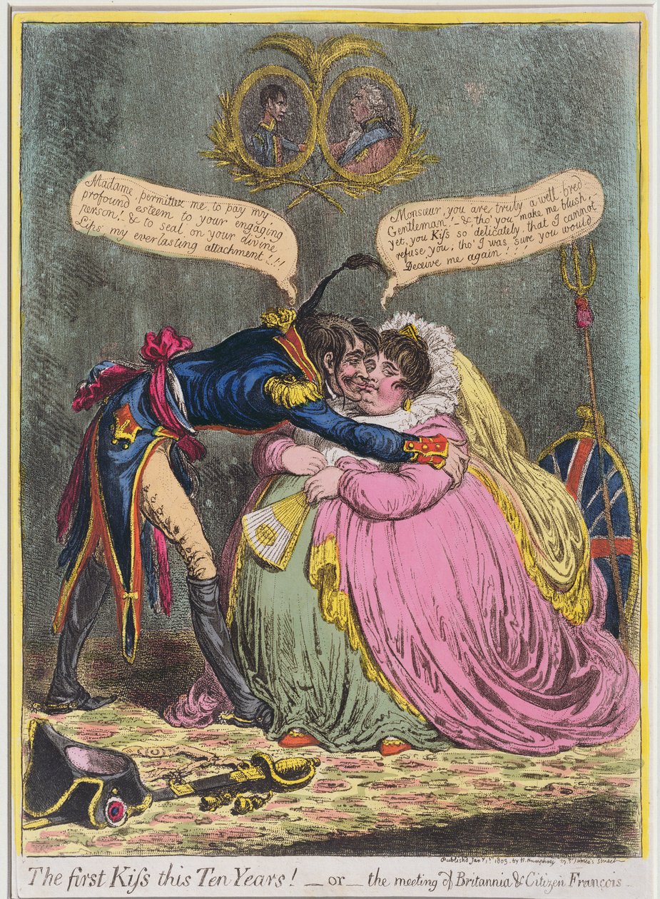 De eerste kus in tien jaar! of De ontmoeting van Britannia en burger Francois, gepubliceerd door Hannah Humphrey in 1803 door James Gillray