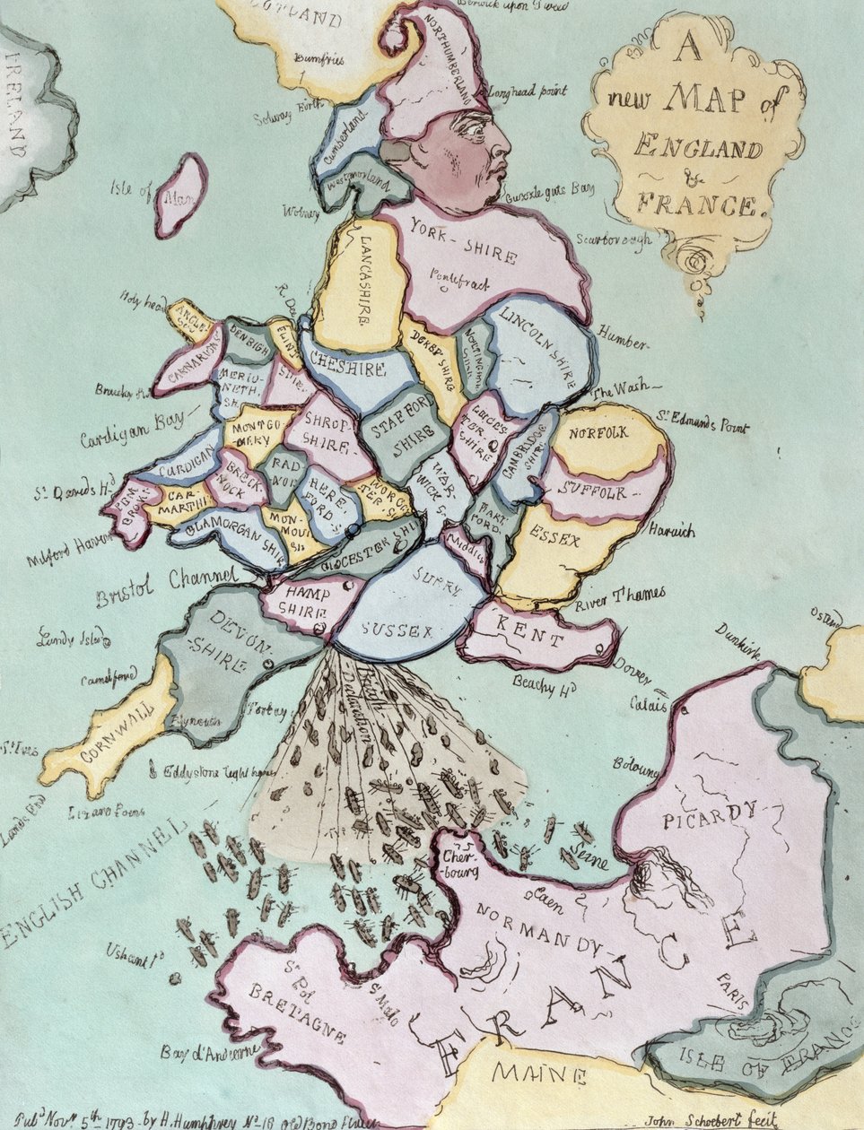 De Franse invasie, of John Bull bombardeert de bum-boats, uitgegeven door Hannah Humphrey in 1793 door James Gillray