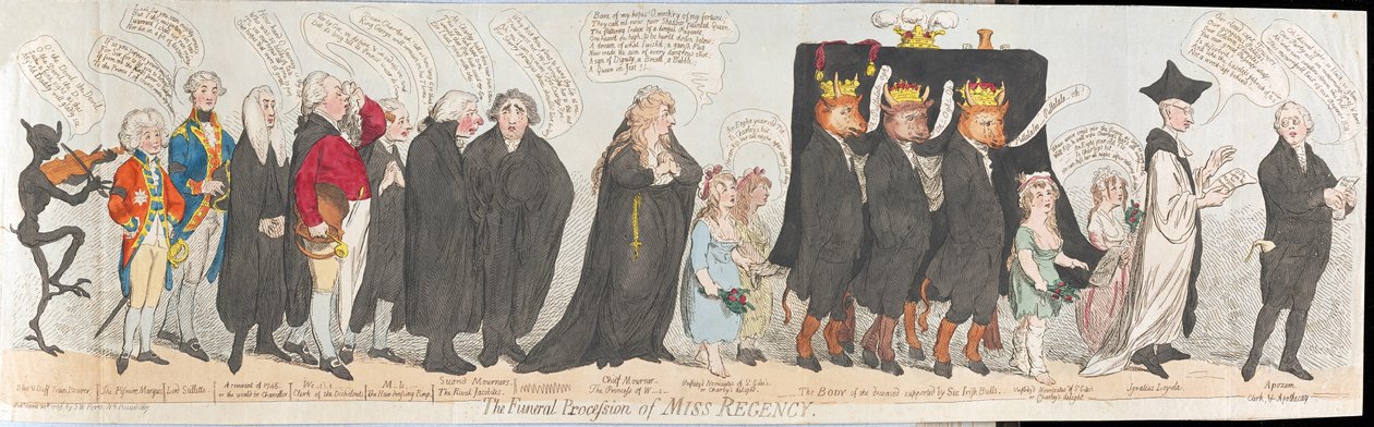 De begrafenisstoet van Miss Regency, uitgegeven 1789 door James Gillray