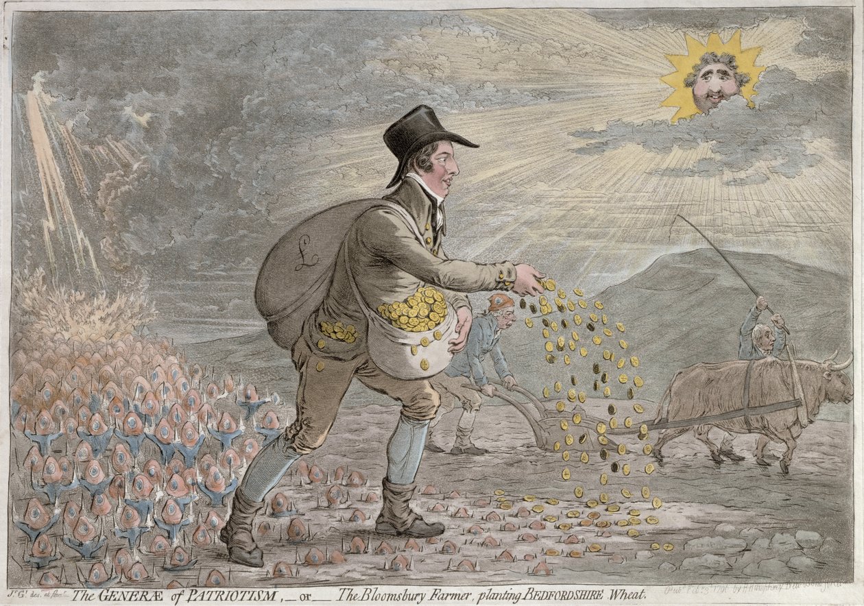 De Generaal van Patriottisme, of De Bloomsbury Boer die Bedfordshire Tarwe Plant, gepubliceerd door Hannah Humphrey in 1796 door James Gillray