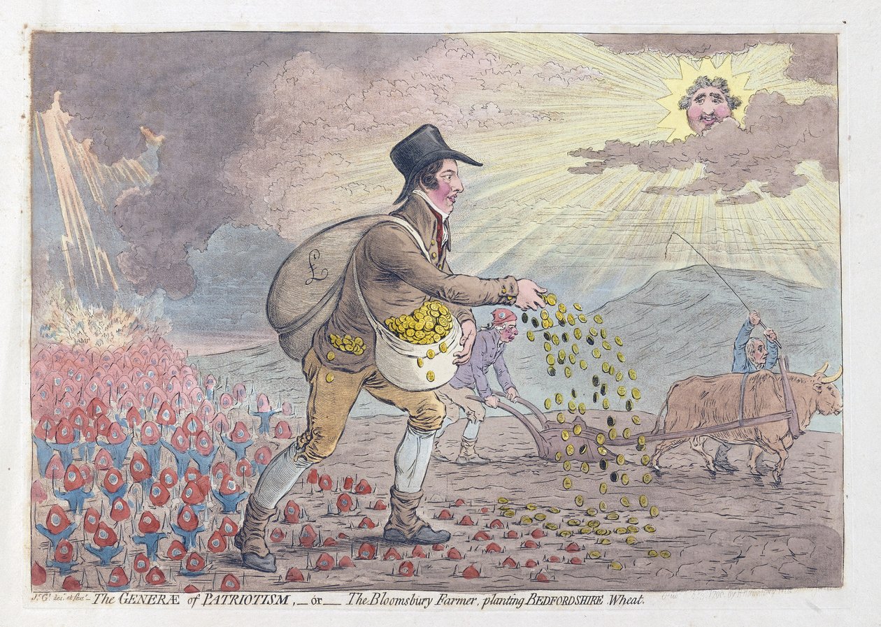 De generaal van patriottisme, of de Bloomsbury-boer die Bedfordshire-tarwe plant door James Gillray