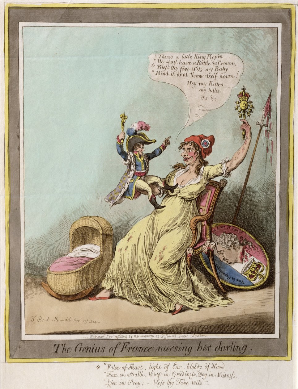 Het genie van Frankrijk verpleegt haar lieveling, uitgegeven door Hannah Humphrey in 1804 (handgekleurde ets) door James Gillray