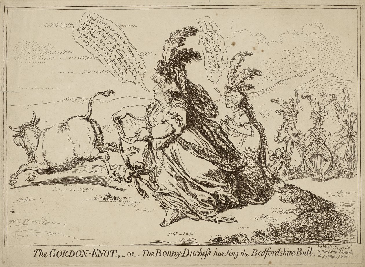 De Gordon-knoop of De Bonny-Hertogin die de Bedfordshire-stier jaagt, gepubliceerd op 29 april 1797 (ets op papier) door James Gillray