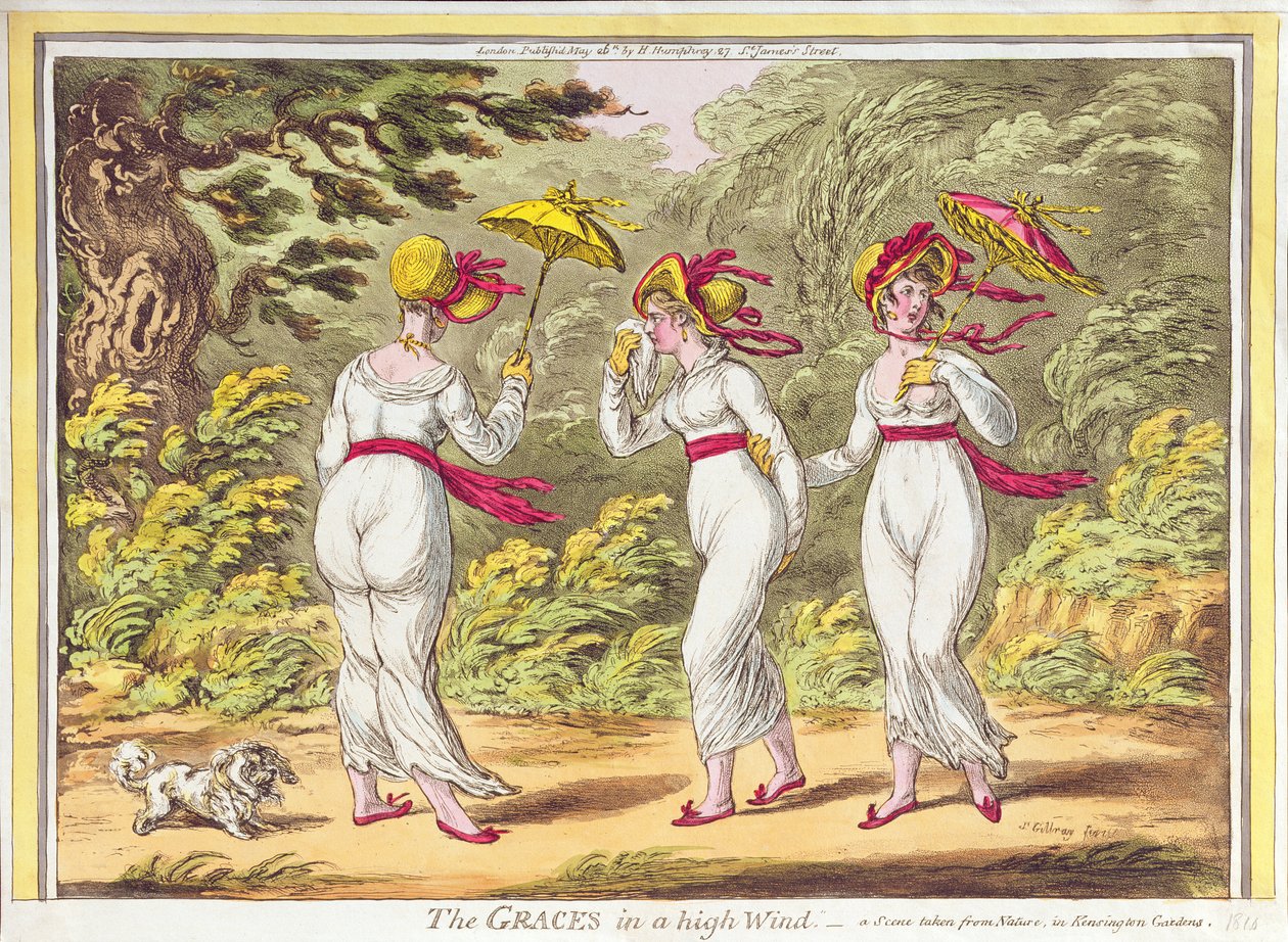 De Gratiën in een Sterke Wind, een Scène uit de Natuur in Kensington Gardens, gepubliceerd door Hannah Humphrey, 1810 door James Gillray