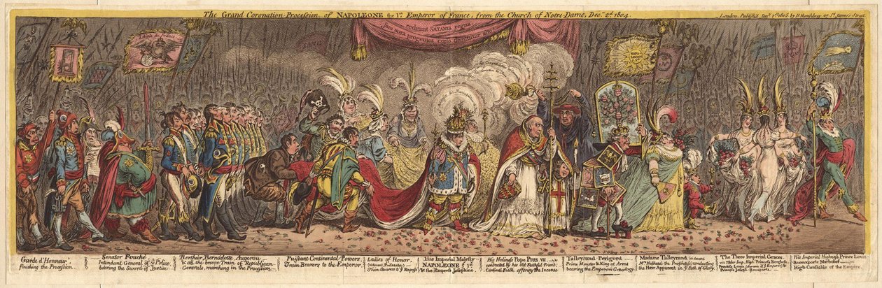 De grote kroningsprocessie van Napoleon de 1e keizer van Frankrijk, vanuit de kerk van Notre-Dame, 1805 door James Gillray
