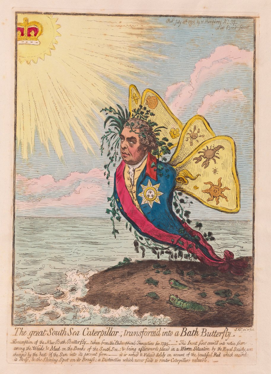 De Grote Zuidzee Rups, getransformeerd in een Bath Vlinder door James Gillray