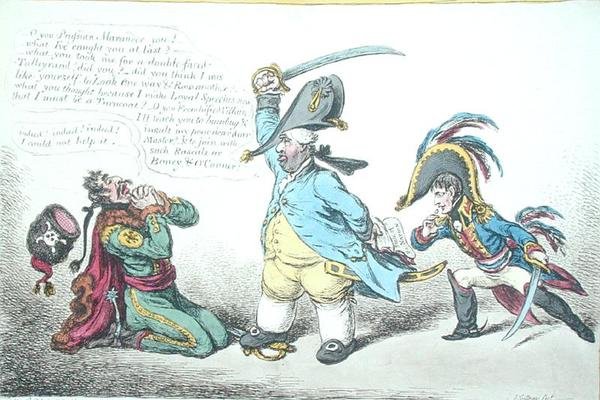De grootmoedige minister die de Pruisische trouweloosheid bestraft, uitgegeven door Hannah Humphrey in 1806 door James Gillray