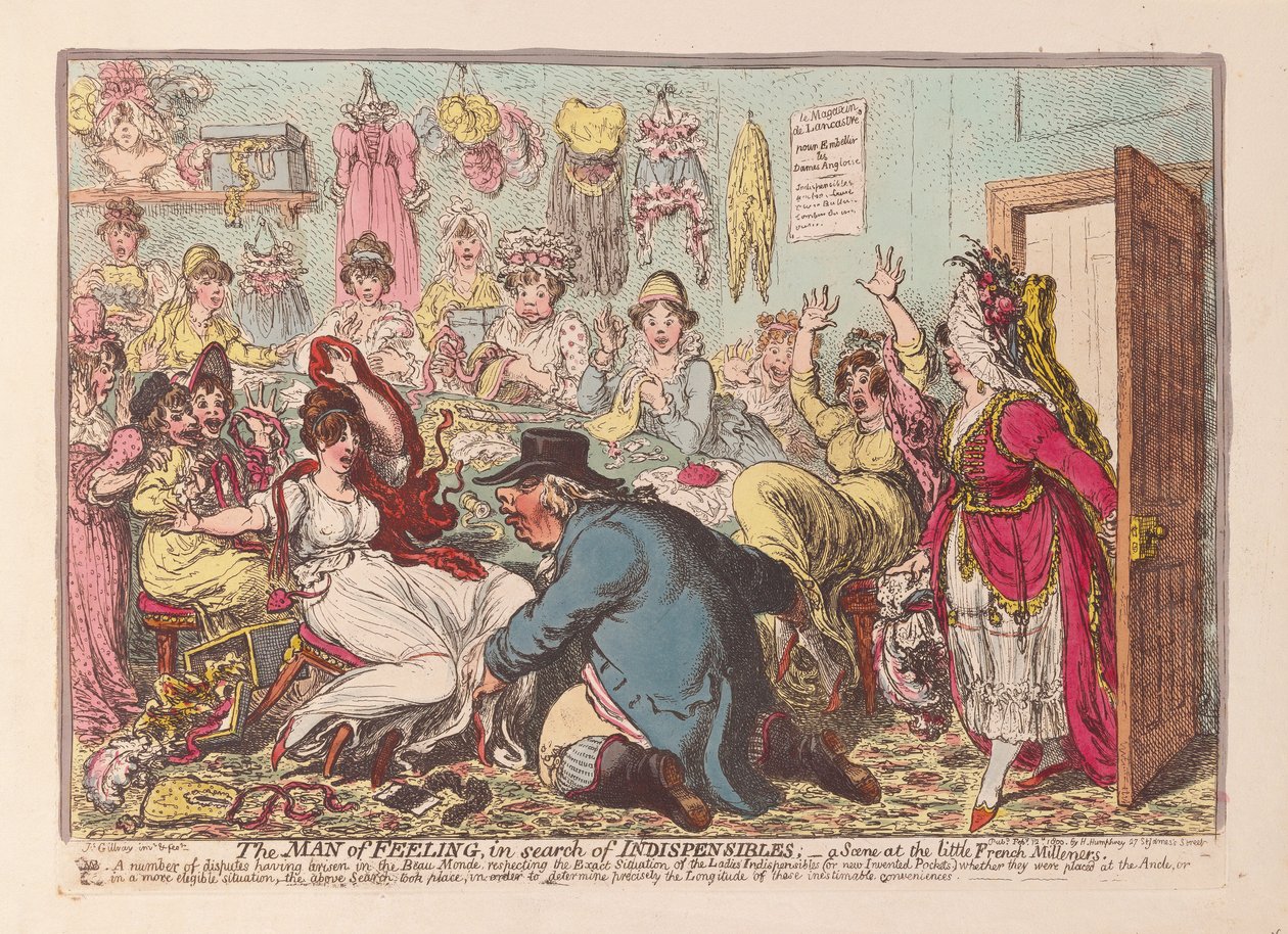 De Man van Gevoel op zoek naar Onmisbaren; een scène bij de kleine Franse Modistes, uitgegeven 1800 door James Gillray