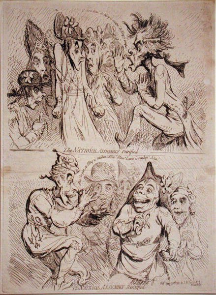 De Nationale Vergadering versteend, en De Nationale Vergadering herleefd, uitgegeven door S.W. Fores in 1791 door James Gillray