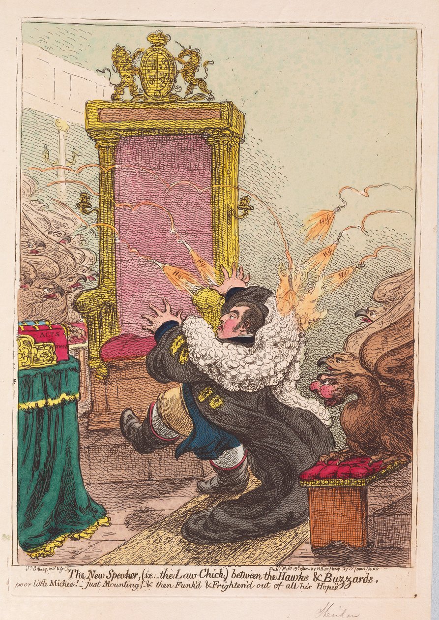 De nieuwe spreker, (d.w.z. de wet-kuiken) tussen haviken en buizerds, uitgegeven 1800 door James Gillray