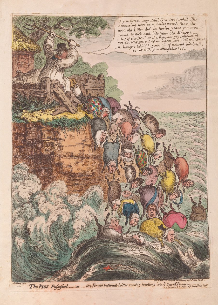 De bezeten varkens: of het breedbodemige nest dat zich halsoverkop in de zee van verderf stort, uitgegeven 1807 door James Gillray