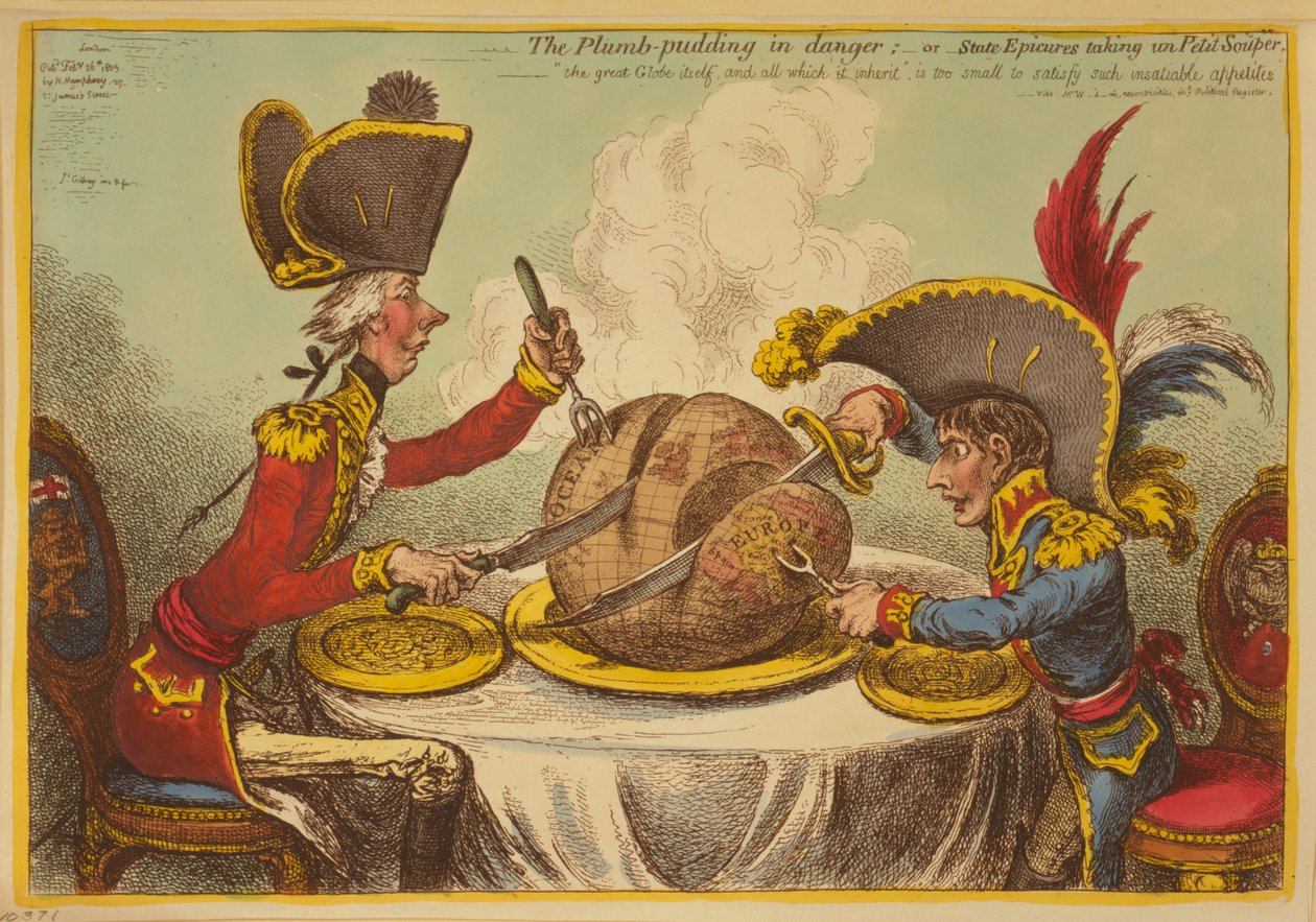 De Pruimenpudding in Gevaar of Staatsgenieters nemen een Petit Souper door James Gillray