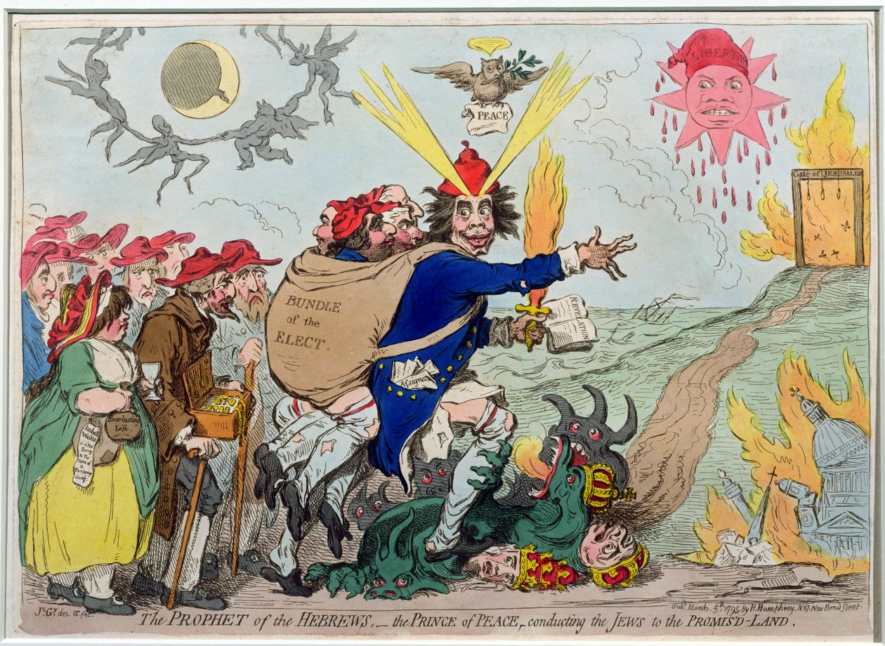 De Profeet van de Hebreeën: de Vredevorst die de Joden naar het Beloofde Land leidt, gepubliceerd door Hannah Humphrey in 1795 (handgekleurde ets) door James Gillray