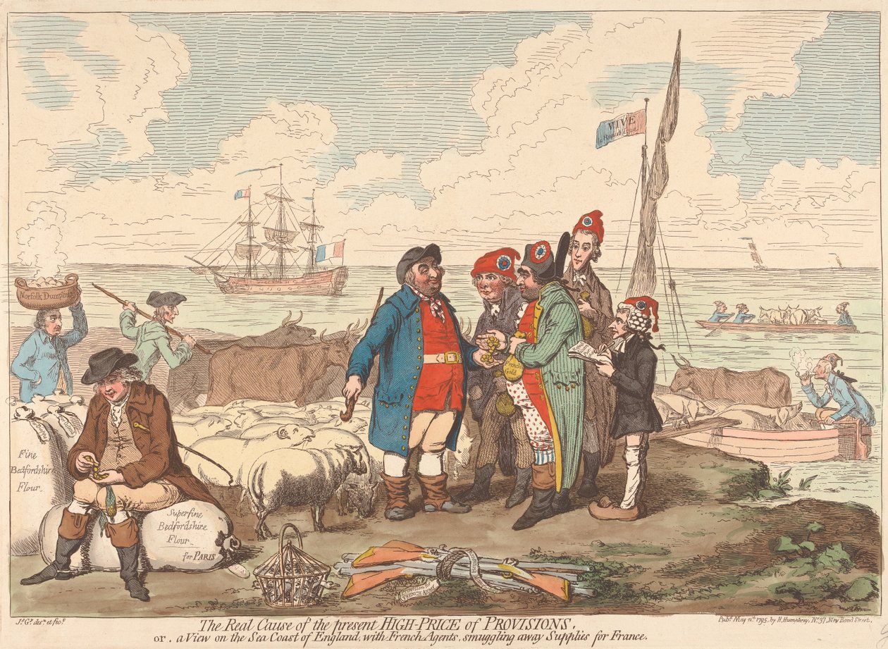 De werkelijke oorzaak van de huidige hoge prijs van levensmiddelen, of een gezicht op de kust van Engeland, met Franse agenten die voorraden voor Frankrijk wegsmokkelen door James Gillray