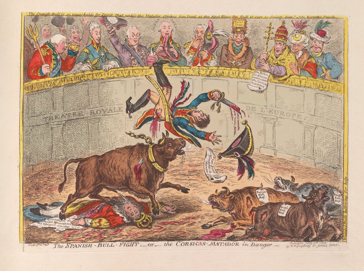 Het Spaanse stierengevecht of de Corsicaanse matador in gevaar, uitgegeven 1805 door James Gillray
