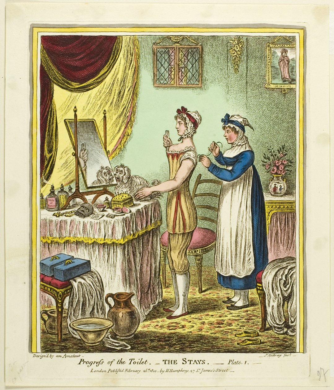 The Stays, plaat één uit Vooruitgang van het toilet door James Gillray