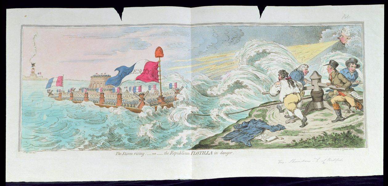 The Storm Rising, or The Republican Flotilla in danger, uitgegeven door Hannah Humphrey in 1798 (handgekleurde ets) door James Gillray