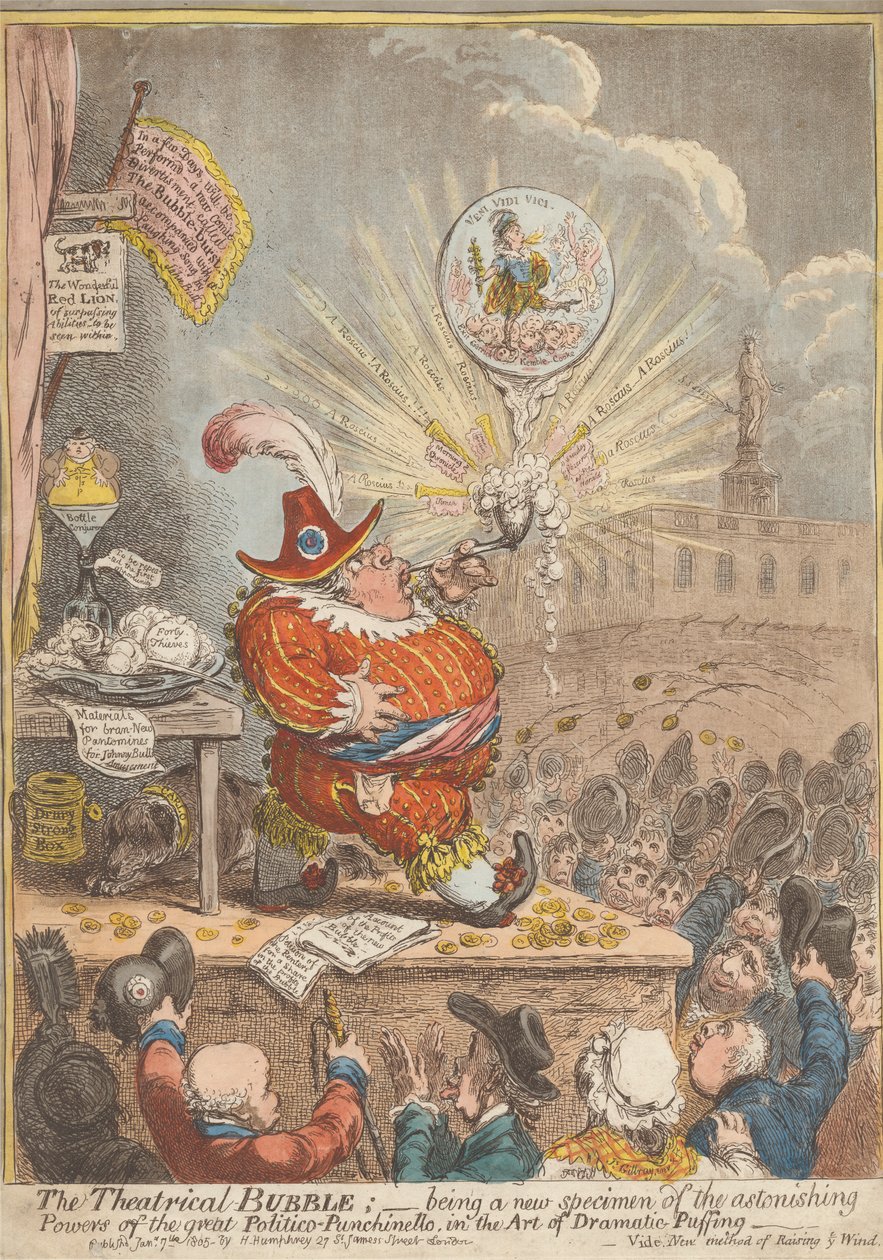 De Theatrale Zeepbel: Een Nieuw Voorbeeld van de Verbazingwekkende Krachten van de Grote Politico-Punchinello, in de Kunst van Dramatisch Opblazen door James Gillray