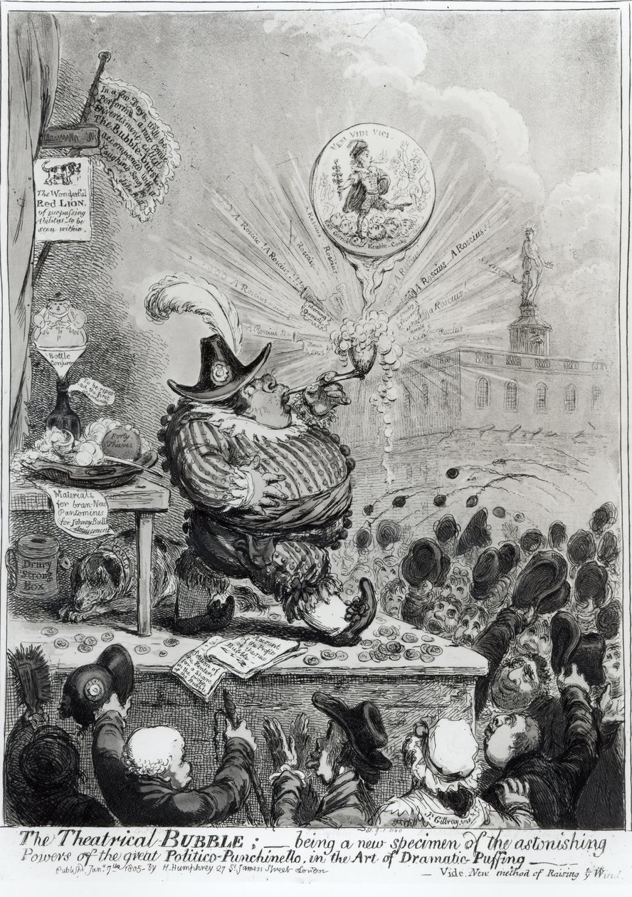 De theatrale bubbel... gepubliceerd door Hannah Humphrey (fl.1778-1822) 1805 door James Gillray