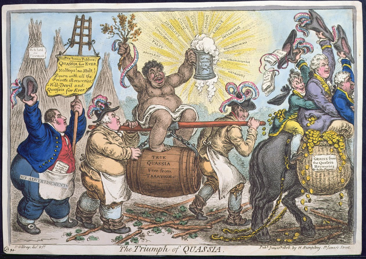 De Triomf van Quassia, gepubliceerd door Hannah Humphrey in 1806 door James Gillray