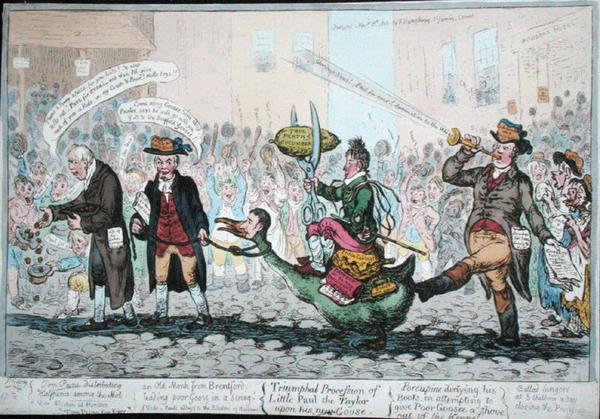 De triomfantelijke processie van kleine Paul de kleermaker op zijn nieuwe gans, uitgegeven in 1806 door James Gillray