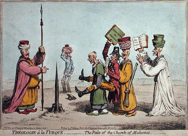 Theologie à la Turque, De bleke van de kerk Mahomet, uitgegeven door Hannah Humphrey in 1799 door James Gillray