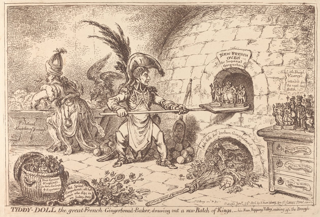 Tiddy-Doll, de grote peperkoekbakker, haalt een nieuwe partij koningen tevoorschijn door James Gillray