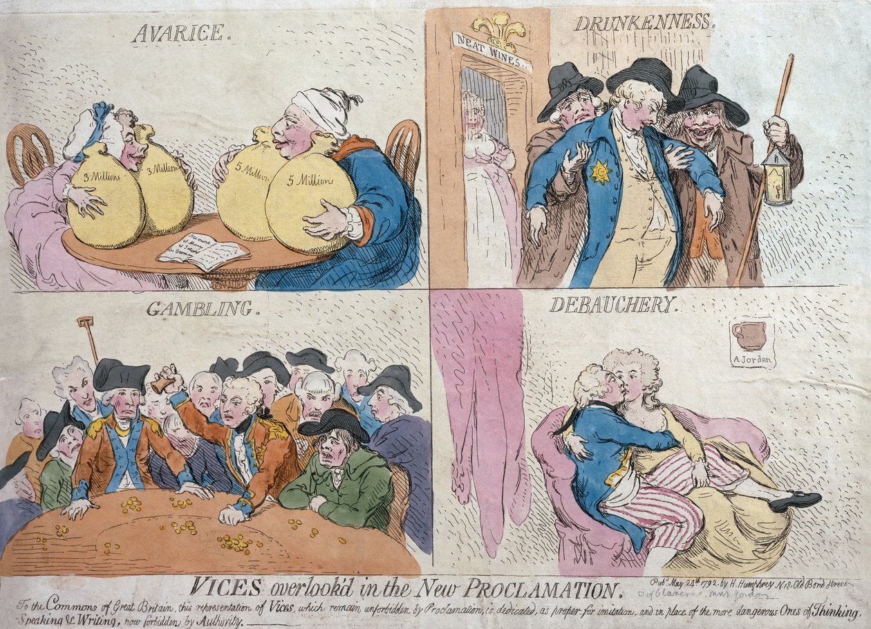 Over het hoofd geziene ondeugden in de nieuwe proclamatie, gepubliceerd door Hannah Humphrey, 1792 door James Gillray