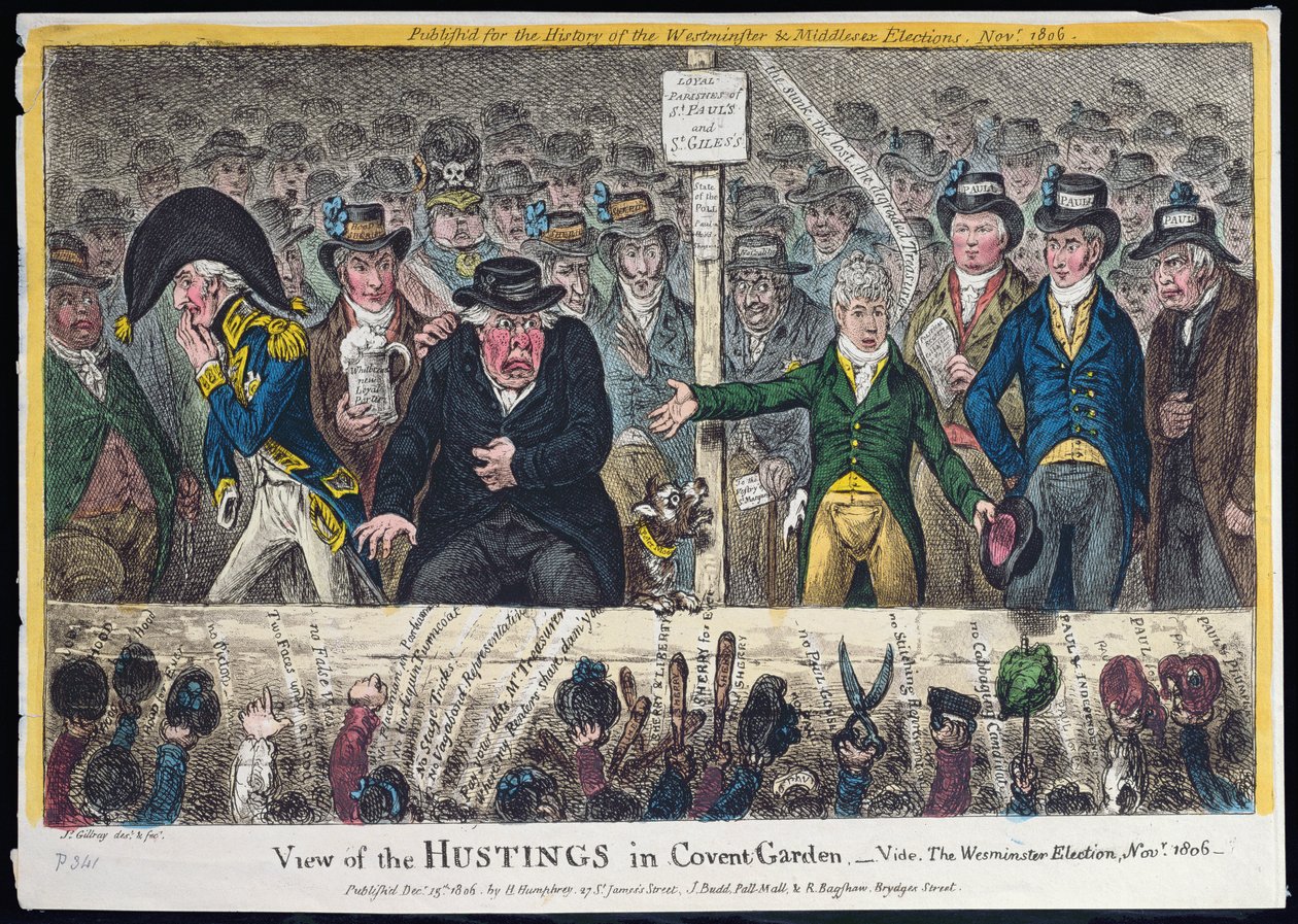 Uitzicht op de verkiezingsbijeenkomst in Covent Garden, uitgegeven door Hannah Humphrey in 1806 door James Gillray