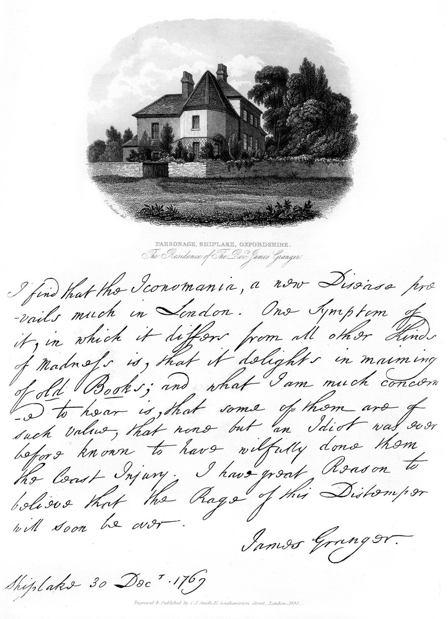 Een brief van dominee James Granger en een uitzicht op zijn woning in Shiplake door James Granger