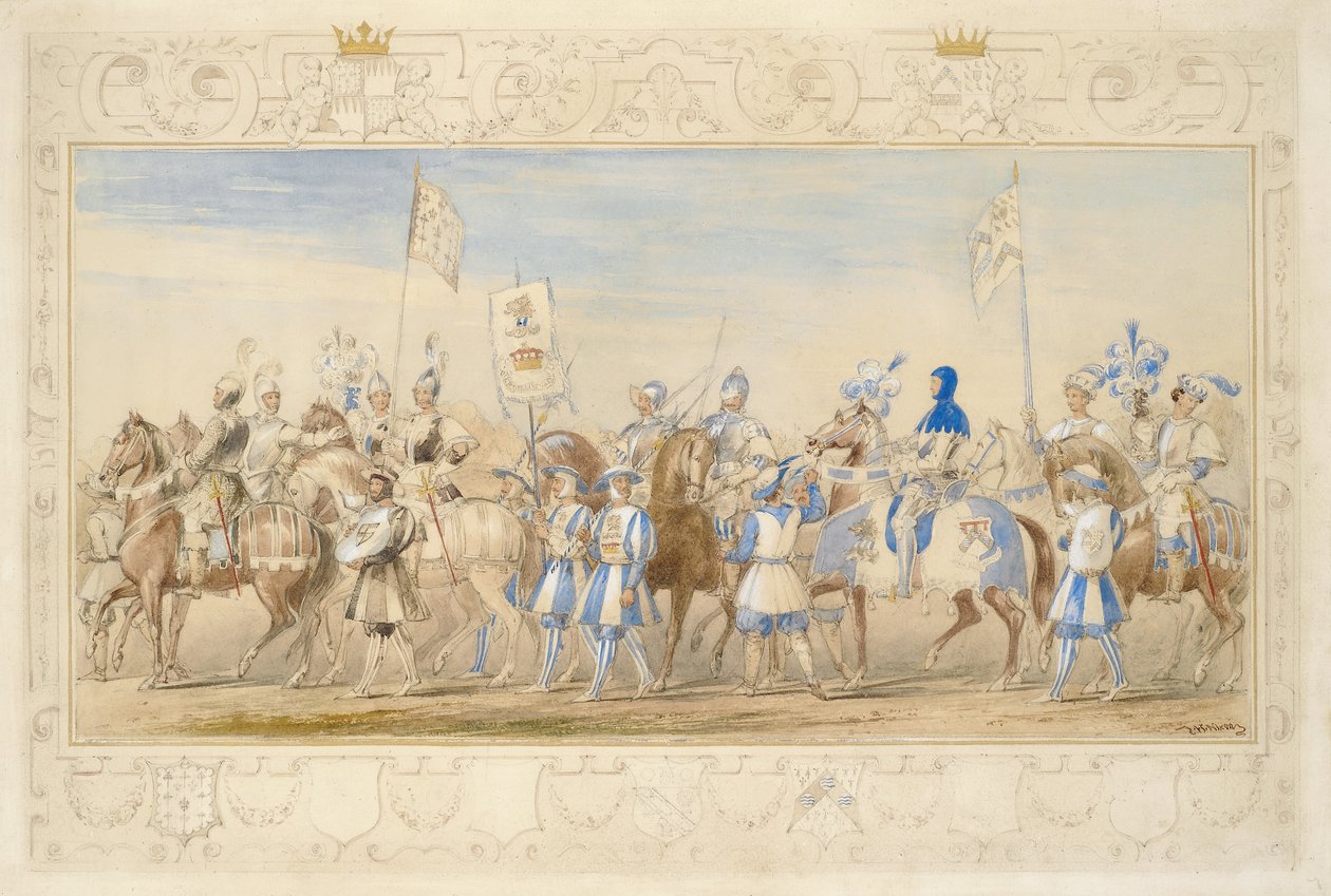 Voortzetting van het gevolg van de Markies van Waterford, Ridder van de Draak en Burggraaf Alford, Ridder van de Zwarte Leeuw, 1839 (potlood, aquarel, gouache en goudverf op papier) door James Henry Nixon