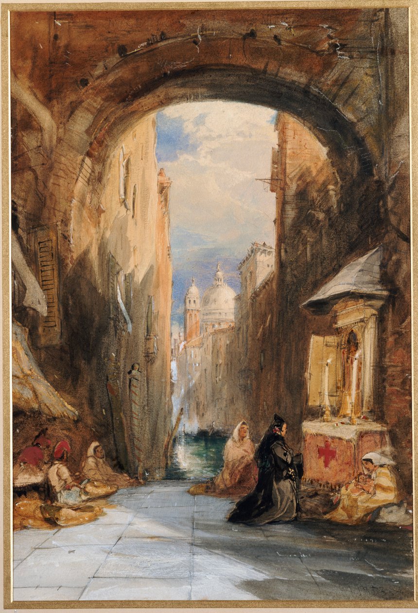 Venetië: een Edicola onder een Boog, met Santa Maria della Salute in de Verte, 1853 door James Holland