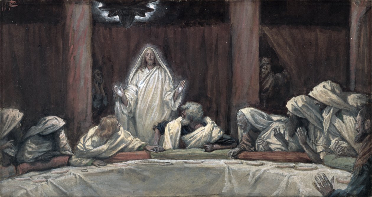 Hij verscheen aan de elf terwijl zij aan tafel zaten, illustratie voor Het leven van Christus, ca. 1884-96 door James Jacques Joseph Tissot