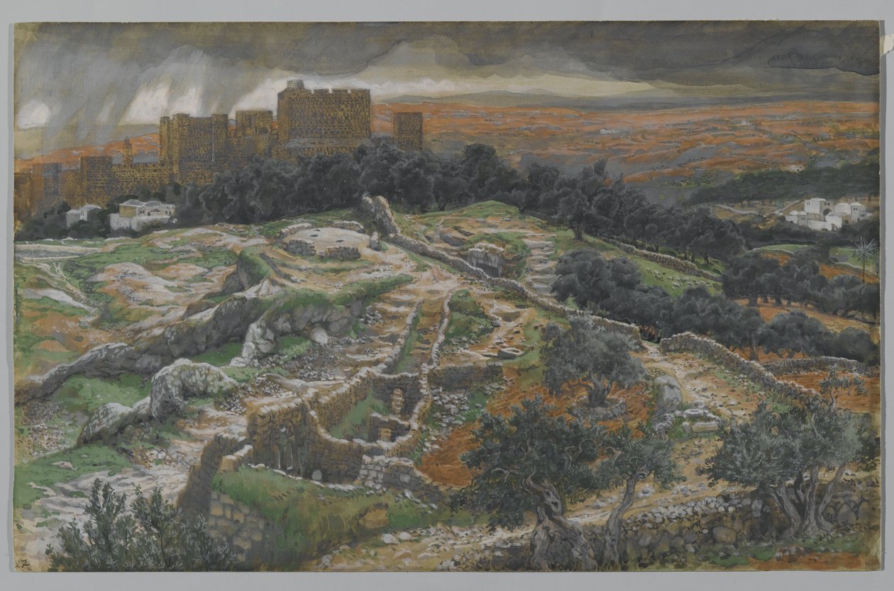 Reconstructie van Golgotha en het Heilig Graf, gezien vanaf de Gerechtsdeur, illustratie uit Het leven van onze Heer Jezus Christus door James Jacques Joseph Tissot