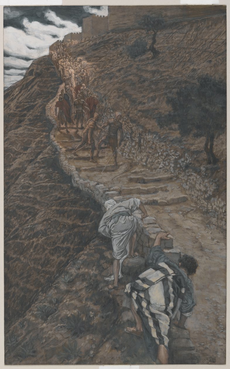 Sint Petrus en Sint Johannes Volgen van Verre, illustratie uit Het Leven van Onze Heer Jezus Christus, 1886-94 door James Jacques Joseph Tissot