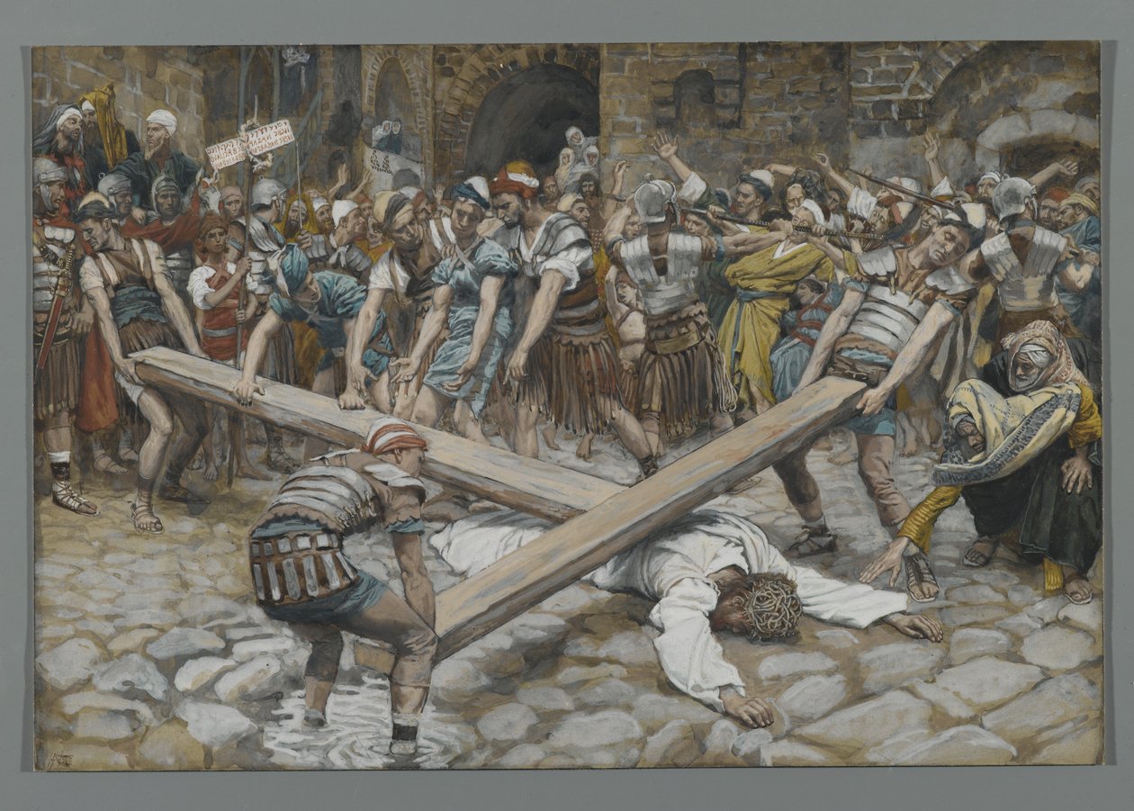 Simon van Cyrene Gedwongen om het Kruis met Jezus te Dragen, illustratie uit Het Leven van Onze Heer Jezus Christus, 1886-94 door James Jacques Joseph Tissot