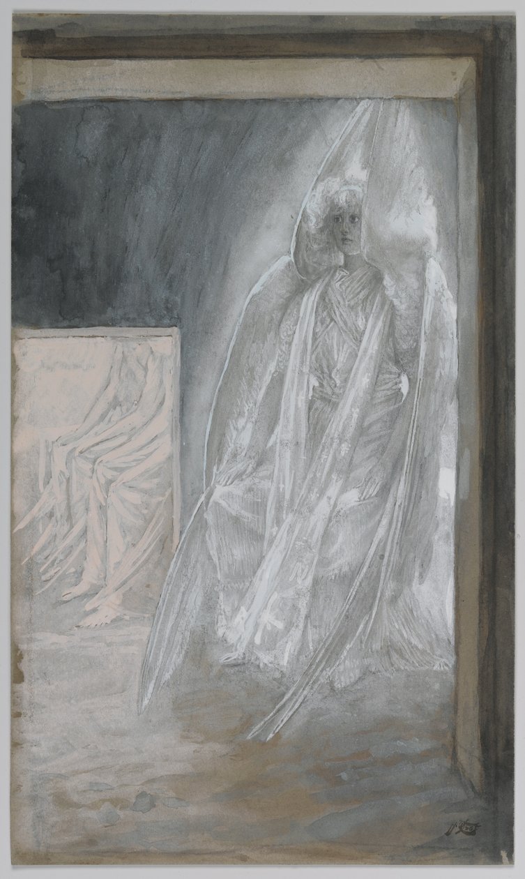 De engel zittend op de steen van het graf, illustratie uit Het leven van onze Heer Jezus Christus door James Jacques Joseph Tissot