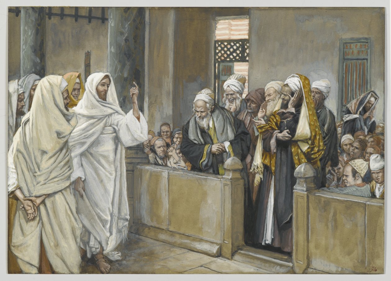 De opperpriesters vragen Jezus met welk recht Hij zo handelt door James Jacques Joseph Tissot