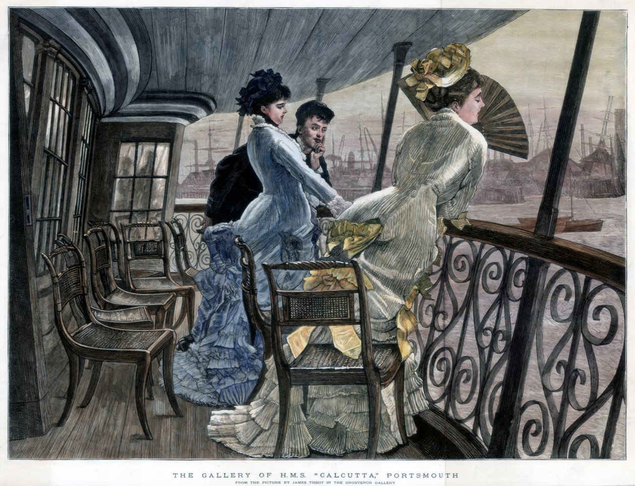 De Galerij van H.M.S. Calcutta, Portsmouth, ca. 1850-1900 door James Jacques Joseph Tissot