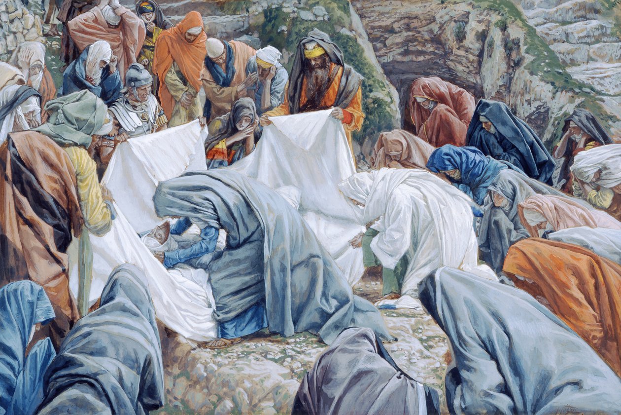 De heilige maagd kust het gezicht van Christus voordat het in de lijkwade wordt gewikkeld, illustratie voor Het leven van Christus door James Jacques Joseph Tissot