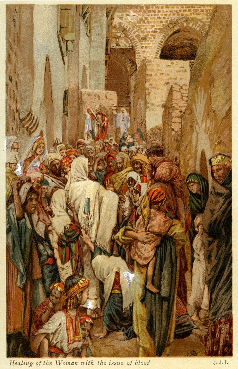 Genezing van de vrouw met bloedvloeiing - Bijbel door James Jacques Joseph after Tissot