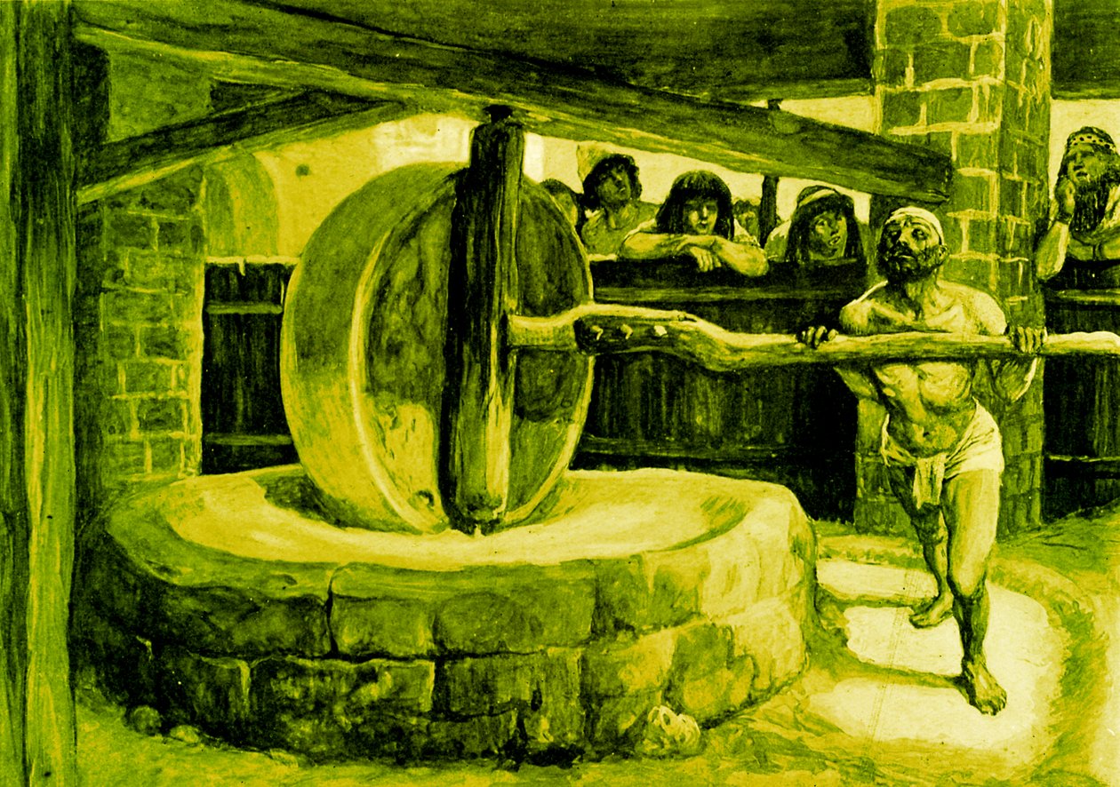 Simson draait de molen in de gevangenis - Bijbel door James Jacques Joseph after Tissot