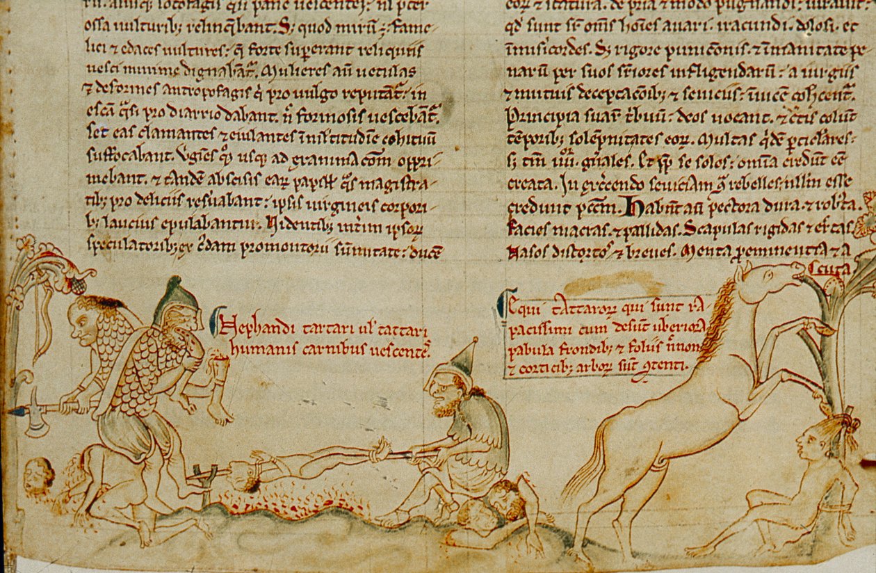 13e-eeuws Engels manuscript dat Mongoolse troepen toont die wreedheden begaan op... door James L Stanfield