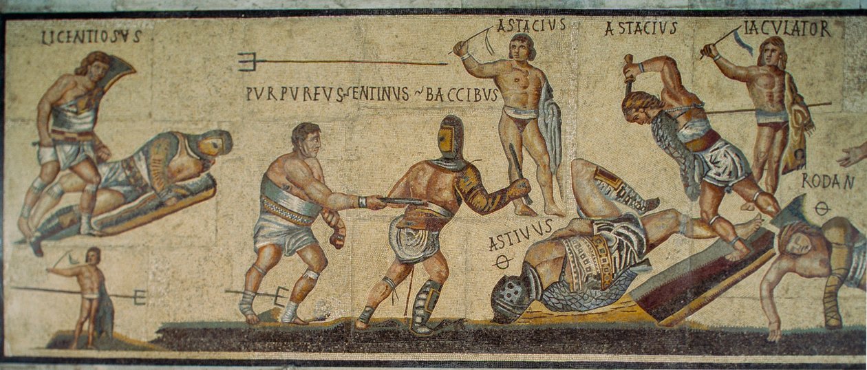 Een Romeins mozaïek dat gladiatoren toont die vechten met verschillende wapens. Galleria Borghese door James L Stanfield
