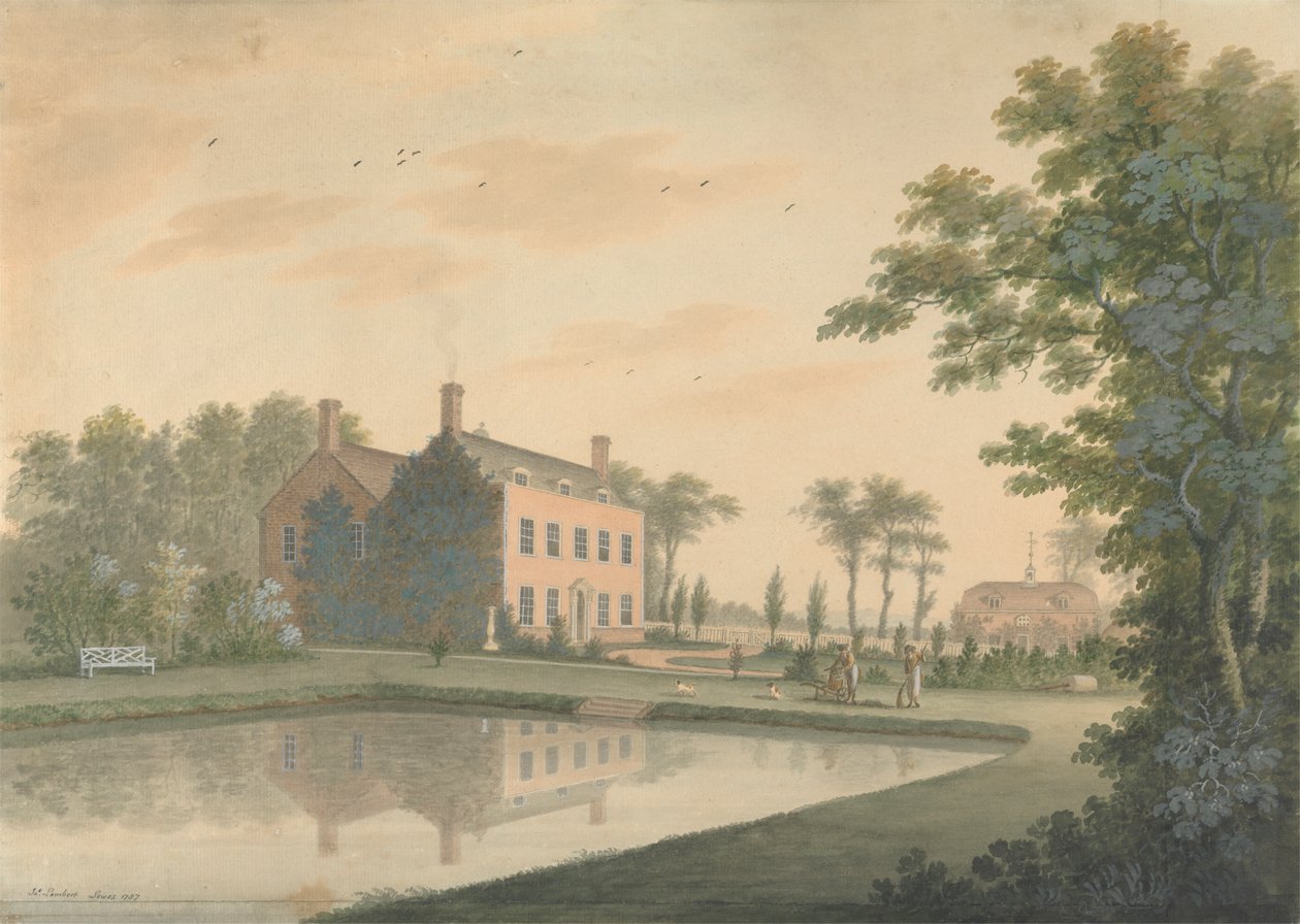 Zuidelijk Uitzicht op een Huis in Ringmer met Tuiniers aan het Werk door James Lambert  of Lewes