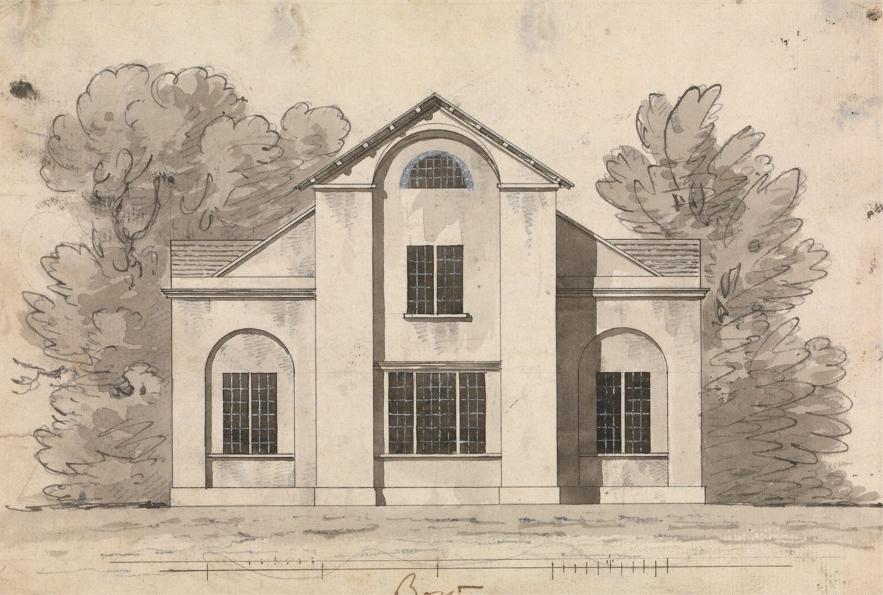 Voorbereidende tekening voor Ontwerp 1, Plaat 1 van Een Verzameling Ontwerpen voor Landelijke Toevluchtsoorden door James Malton