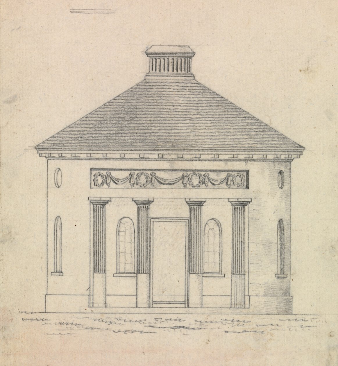 Voorbereidende tekening voor Ontwerp 30, Plaat 31 van Een Verzameling Ontwerpen voor Landelijke Toevluchtsoorden door James Malton